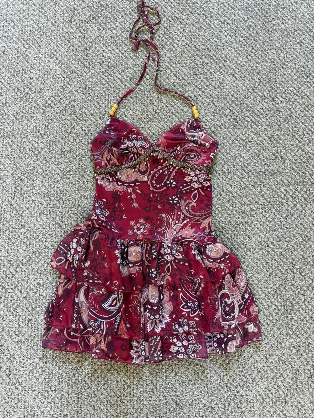Burgundy y2k style paisley halter mini dress with beaded details